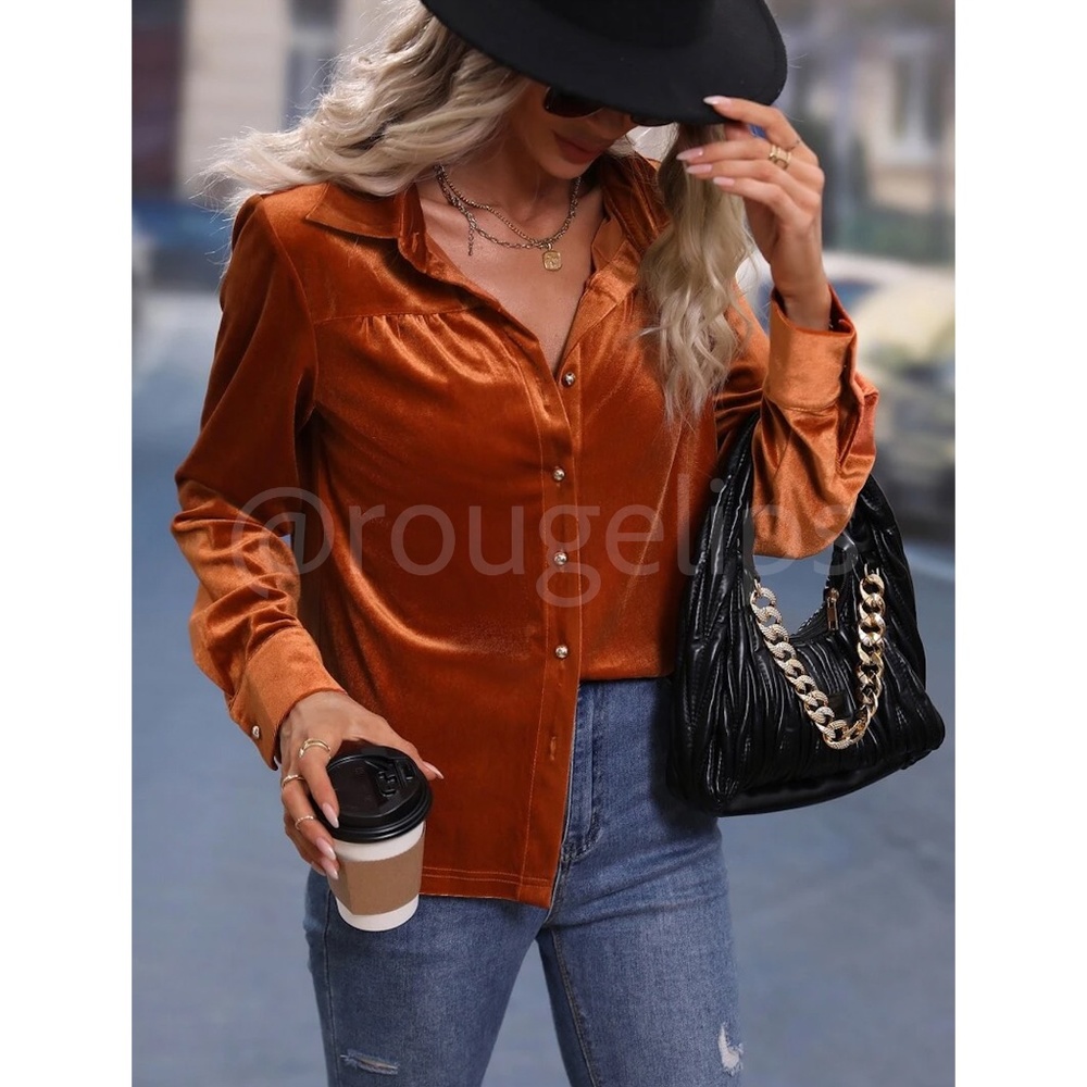 Velvet Rust Brown / Orange Casual Button Up / Down Shirt Collar, V-Neck - Picture 3 of 9